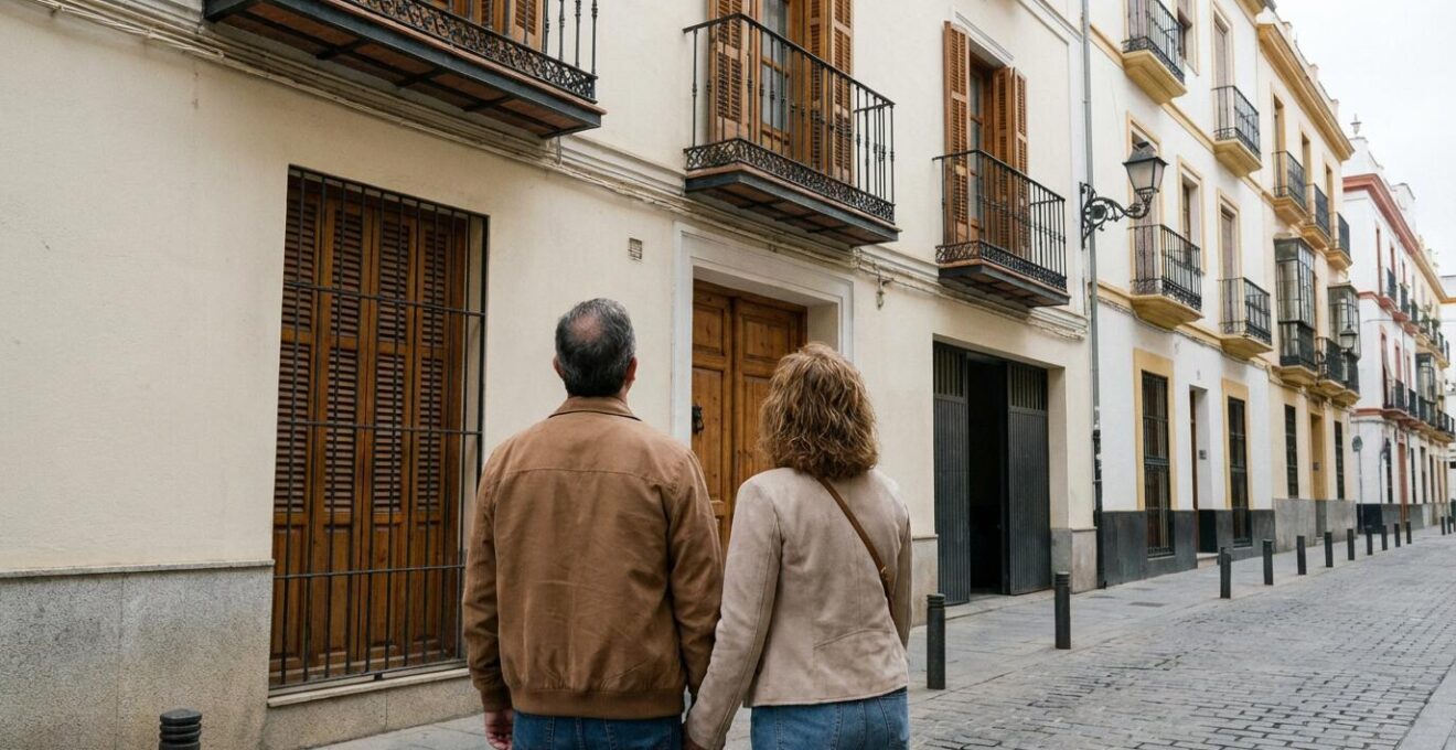 Pareja española evaluando fachada de edificio residencial en calle típica