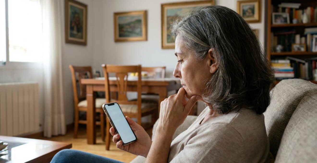 Mujer española consultando información inmobiliaria en smartphone desde su salón